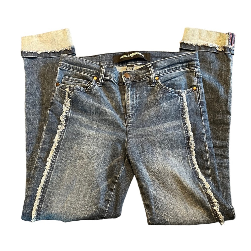 Karl Lagerfeld Paris Cropped Cuffed Fringe Blue Denim Jeans. Size: 4
